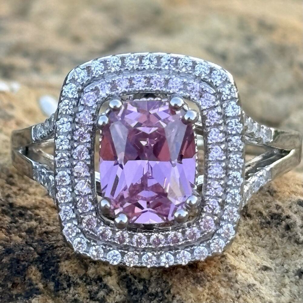 Sterling Silver, Cushion Cut Pink and Clear Cubic Zirconia Ring Size 9